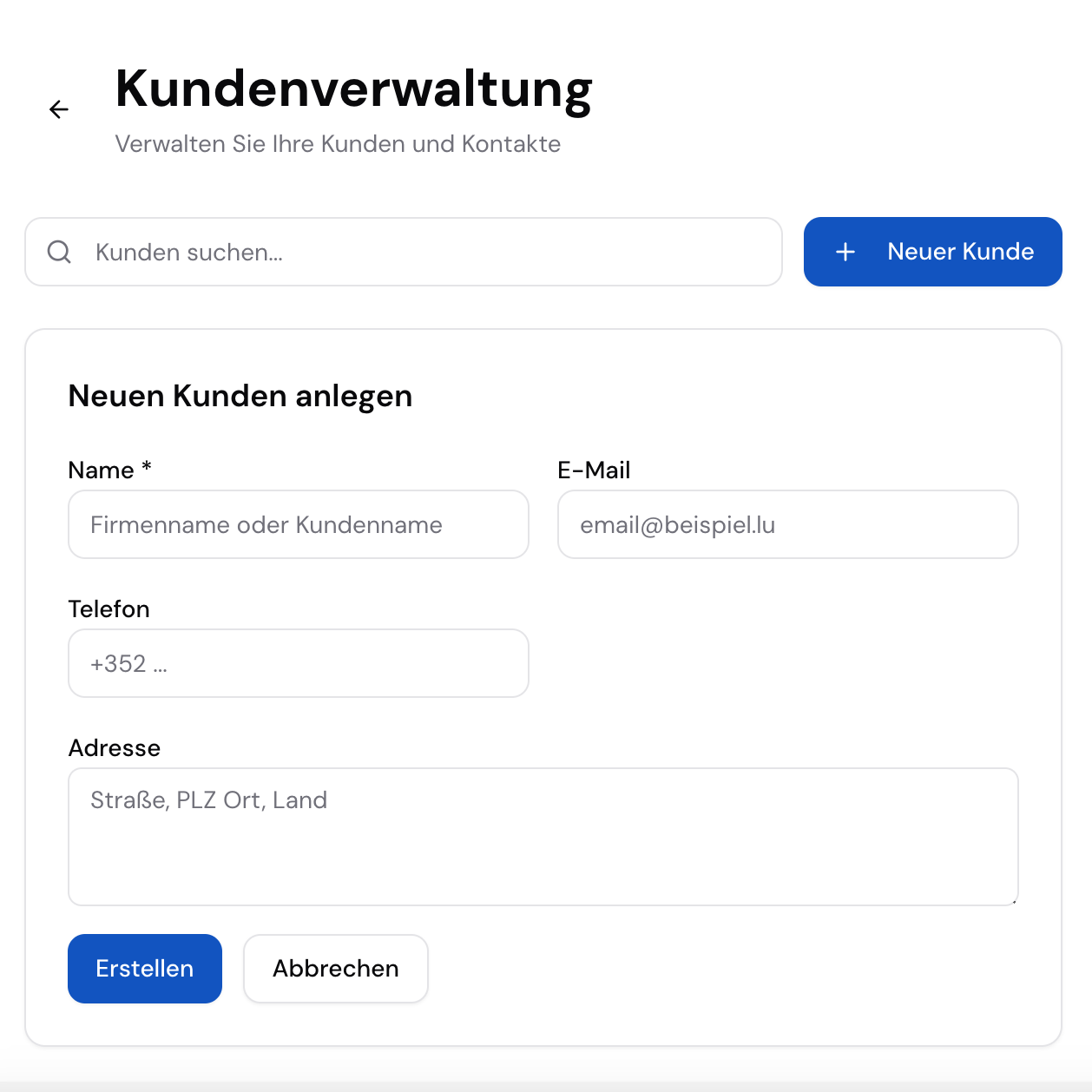 Kundenverwaltung – Name, E-Mail, Telefon und Adresse eingeben