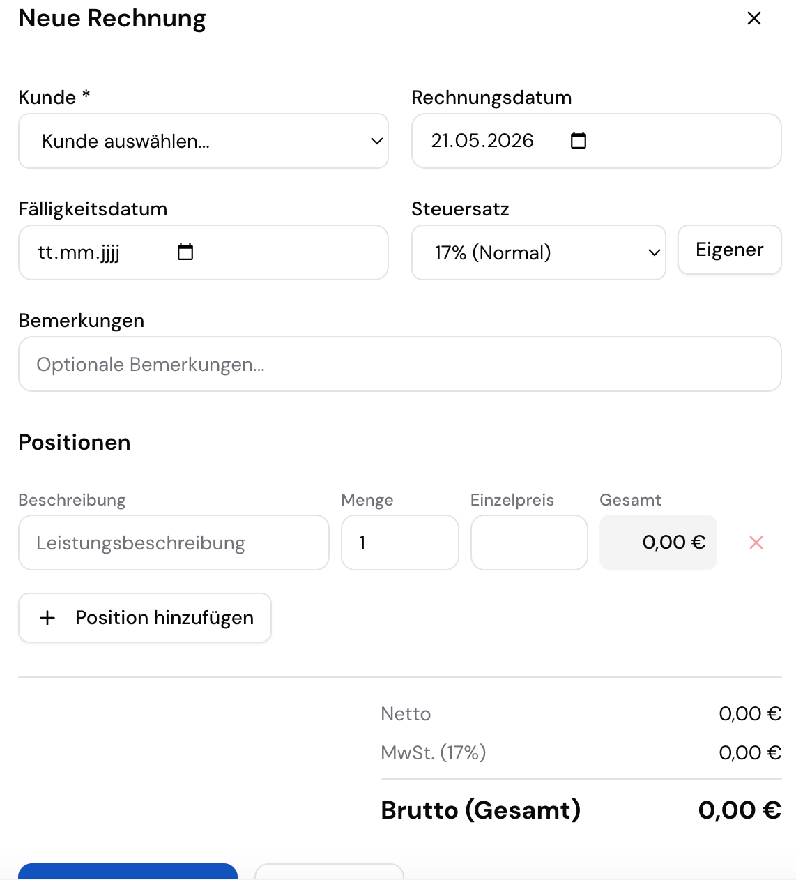 Rechnung erstellen – Positionen, Menge, Einzelpreis und Steuersatz