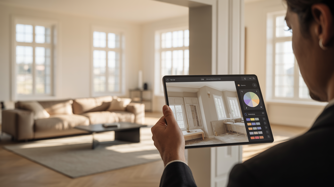 Visi.lu – KI-gestützte Raumvisualisierung mit Farbauswahl auf einem Tablet