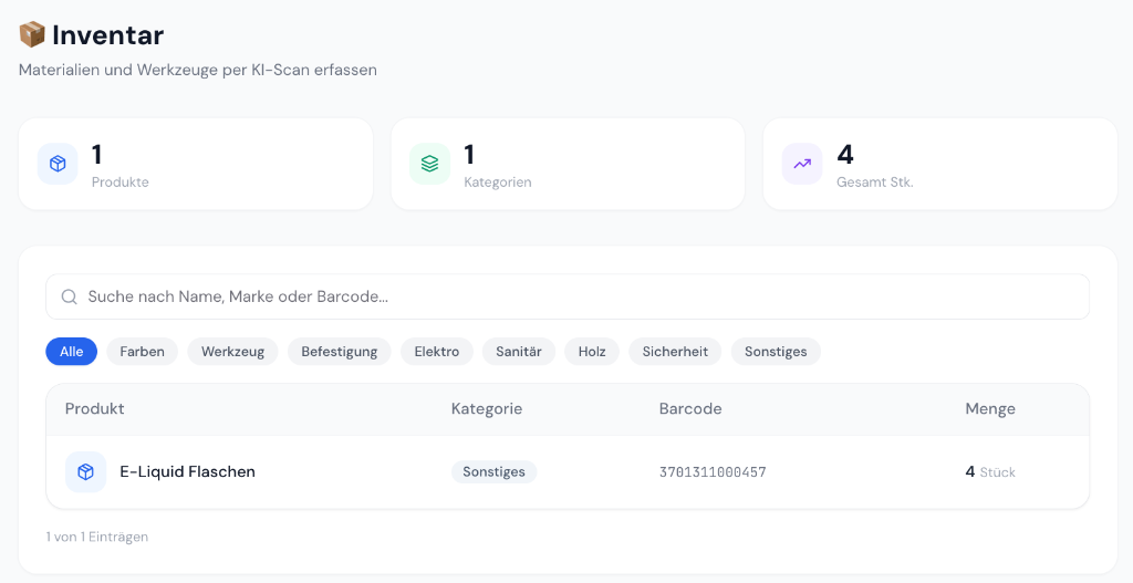 Cloud-Inventarliste mit erfolgreich gespeicherten Produkten